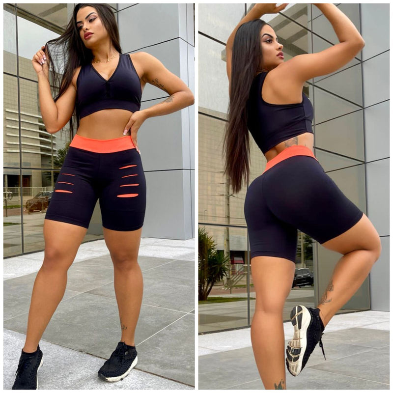 Conjunto short rasgado mais top sem bojo, tecido suplex poliéster - Fitness Top